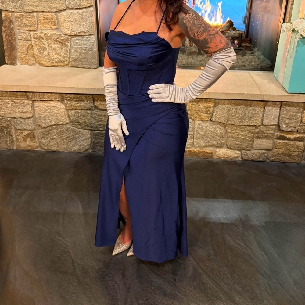 Elegant Blue Evening Dress -PETITE "TALIA" LONG SATEEN CORSET LACE UP BACK DRESS